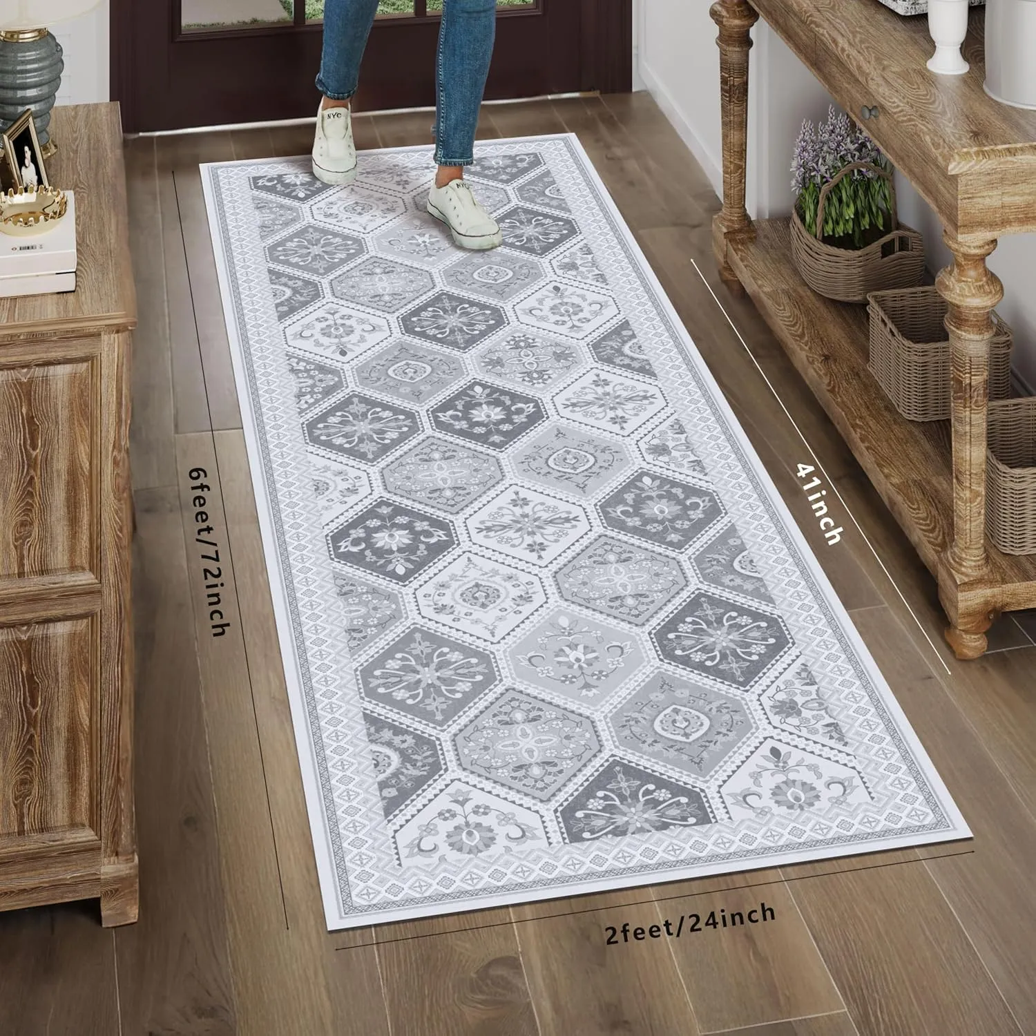 Moroccan Trellis Runner Rug - 2x6 Hallway Runner Rugs with Non-Slip Backing Low-Pile Washable 2x6 Printed Rug Runners for Hallway Kitchen Farmhouse Bathroom Laundry Room- Gray/White