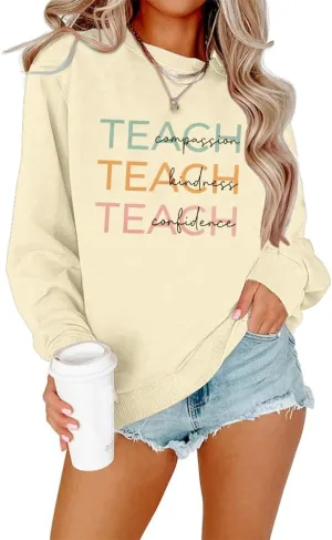 MOUSYA Colorful Retro Teacher Sweatshirt Women Teach Compassion Kindness Confidence Shirts Casual Long Sleeve Pullover Tops
