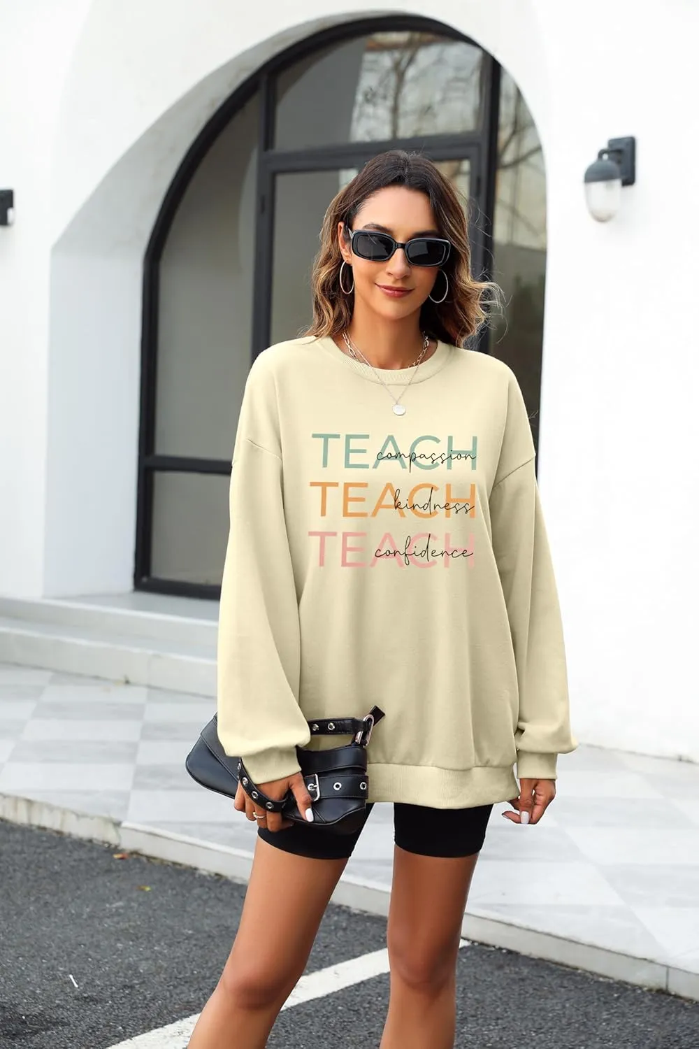 MOUSYA Colorful Retro Teacher Sweatshirt Women Teach Compassion Kindness Confidence Shirts Casual Long Sleeve Pullover Tops