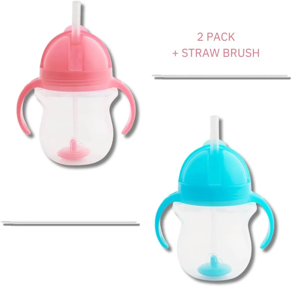 Munchkin Weighted Straw Sippy Cups for Toddlers 7oz, Leak Proof, Easy to Hold-Great toddler cups with straws, Supports Straw-use Education, Straw Cups (Pink/Blue)
