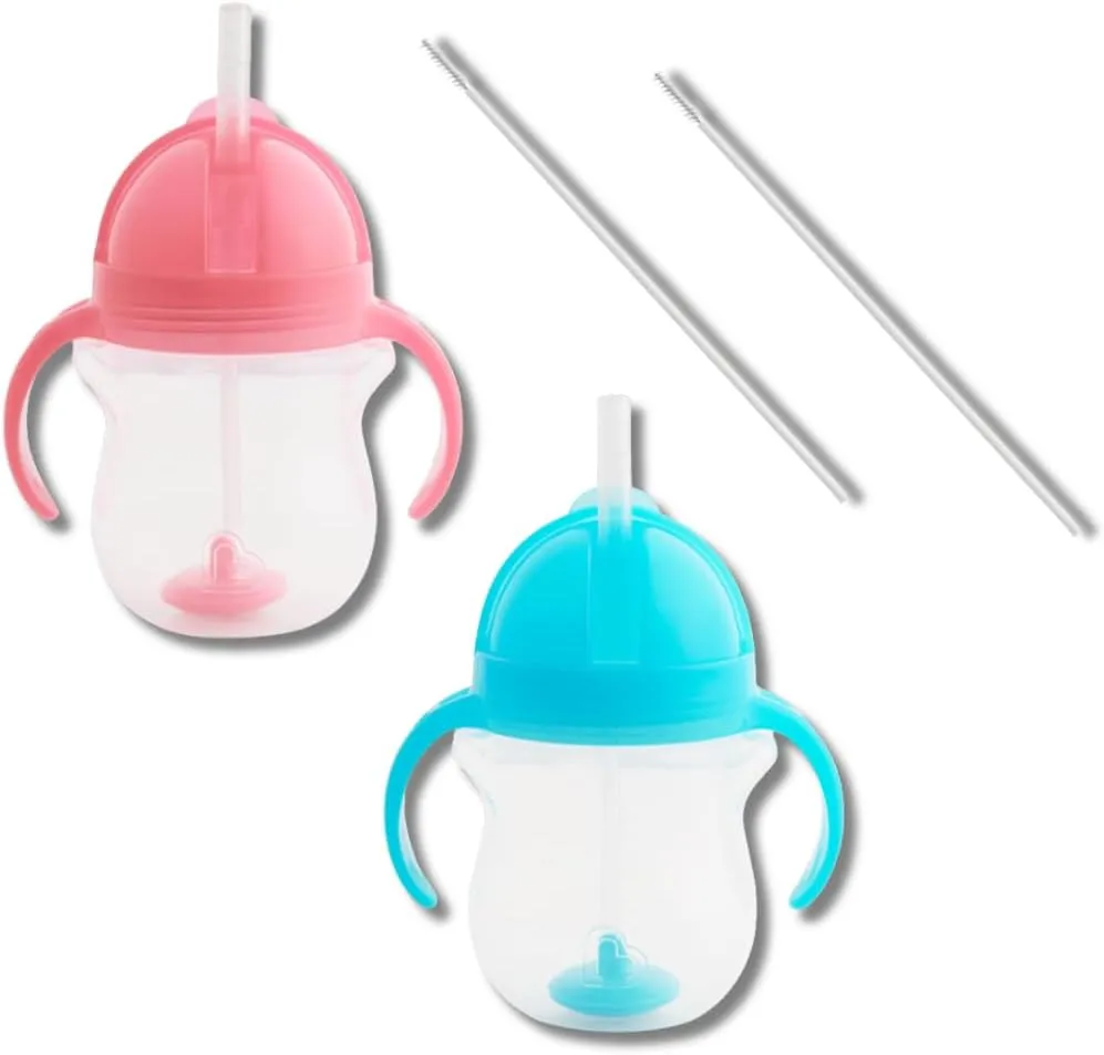 Munchkin Weighted Straw Sippy Cups for Toddlers 7oz, Leak Proof, Easy to Hold-Great toddler cups with straws, Supports Straw-use Education, Straw Cups (Pink/Blue)
