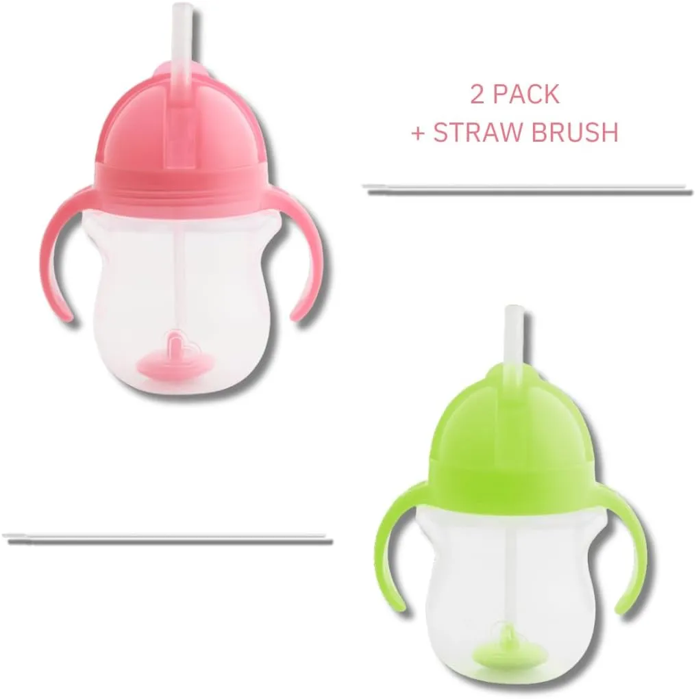 Munchkin Weighted Straw Sippy Cups for Toddlers 7oz, Leak Proof, Easy to Hold-Great toddler cups with straws, Supports Straw-use Education, Straw Cups (Pink/Green)