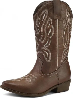 mysoft Women's Western Cowboy Boots Embroidered Mid-Calf Pointed Toe Cowgirl Boot
