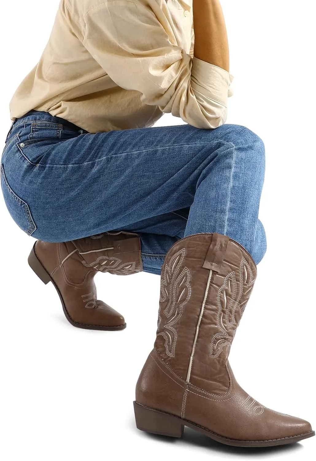 mysoft Women's Western Cowboy Boots Embroidered Mid-Calf Pointed Toe Cowgirl Boot