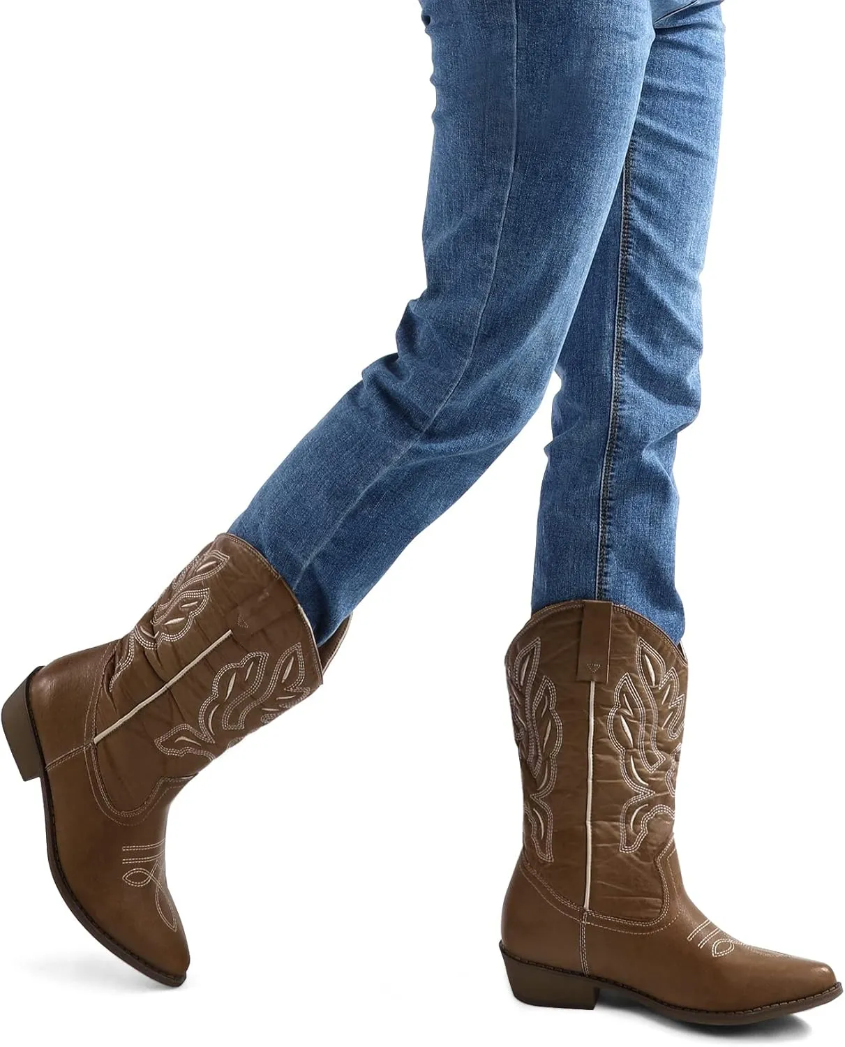 mysoft Women's Western Cowboy Boots Embroidered Mid-Calf Pointed Toe Cowgirl Boot