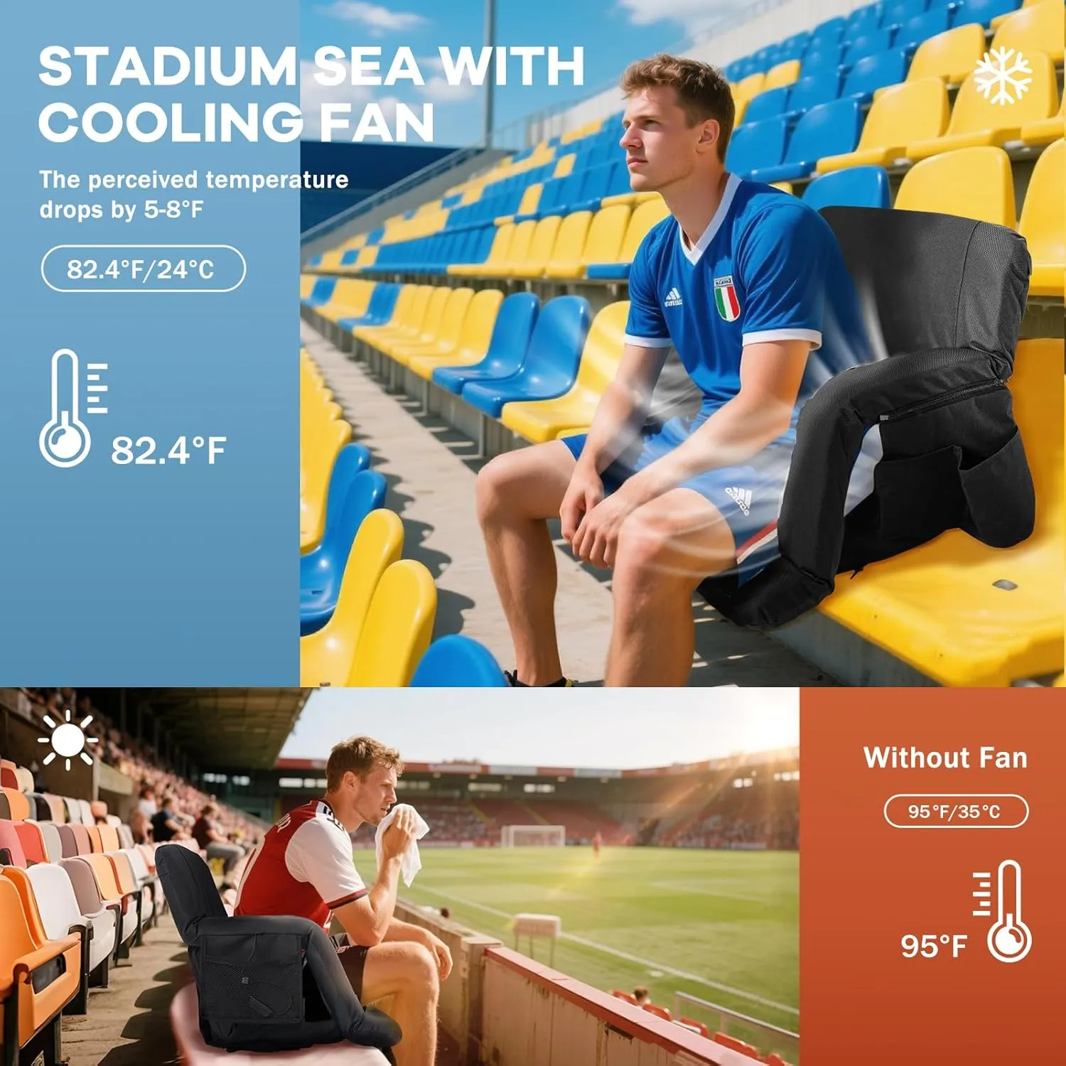 NAIZEA Stadium Seats w/Fans,Foldable Stadium Seats with Back Support, Cooling Seat for Bleachers, Cooling Seat Cushion，2 Fans & 5 Cooling Speed, Battery NOT Included