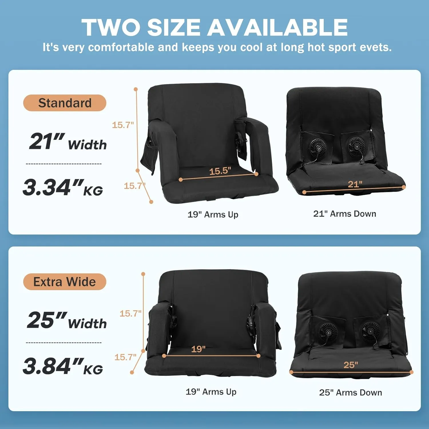 NAIZEA Stadium Seats w/Fans,Foldable Stadium Seats with Back Support, Cooling Seat for Bleachers, Cooling Seat Cushion，2 Fans & 5 Cooling Speed, Battery NOT Included