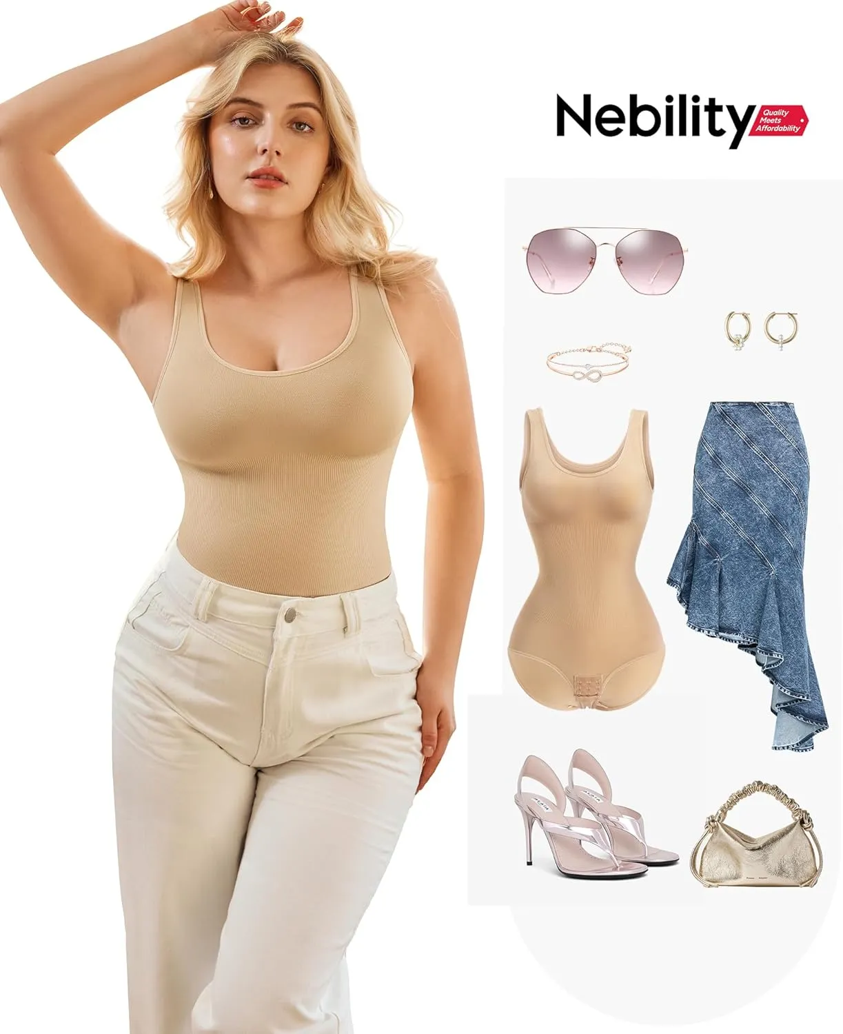 Nebility Bodysuit Shapewear for Women Tummy Control Body Shaper Faja Waist Trainer Seamless Body Suit Going Out Tops