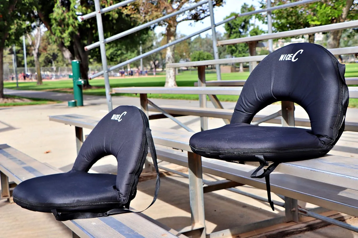 Nice C Stadium Seats, Floor Chairs, Bleacher Chairs, 10-Posisition Reclining Waterproof Cushion, Ultralight, Foldable, Extra Thick Padding, with Shoulder Strap & Net Pocket (Set of 2 Black)