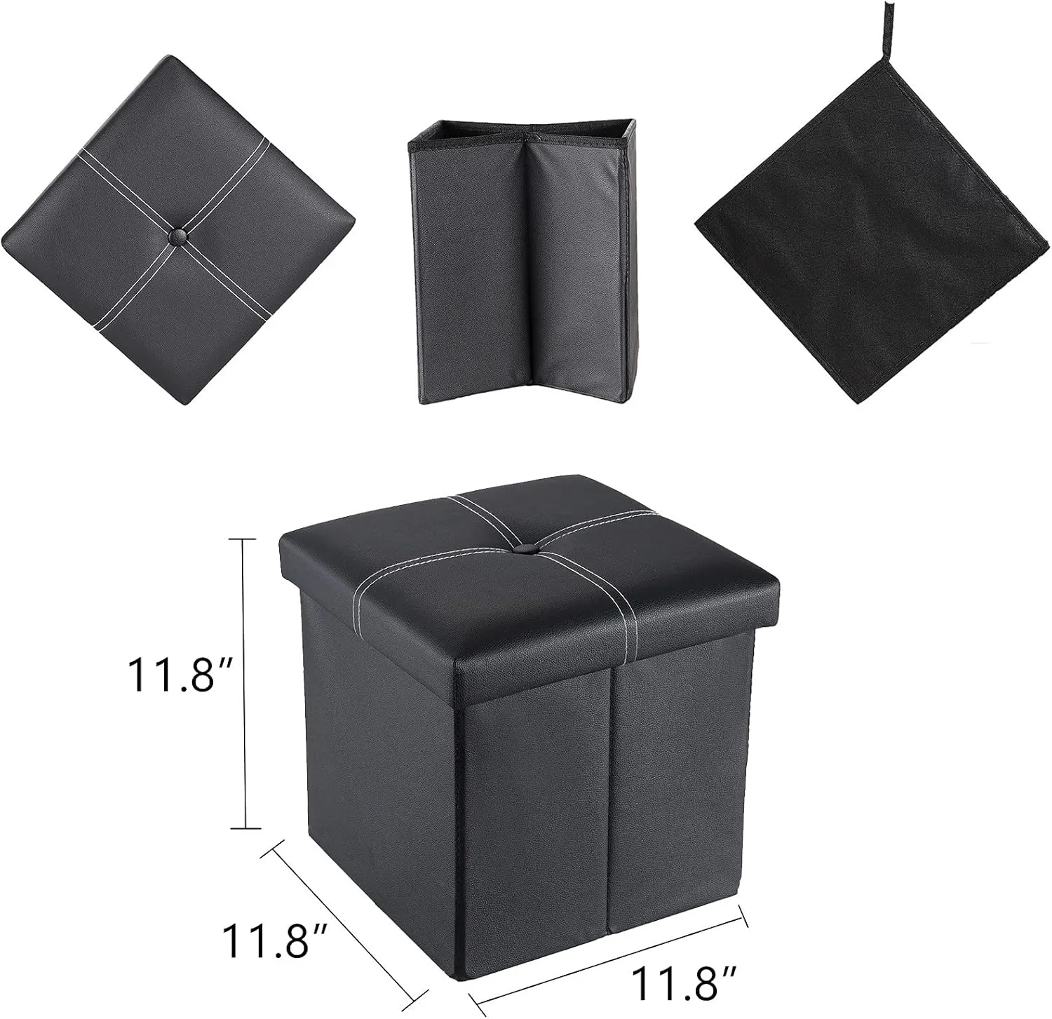 NIENIE Leather Folding Storage Ottoman Coffee Table Small Foot Stool for Living Room, Bedroom, 11.8"X11.8"X11.8", Black Pack of 2