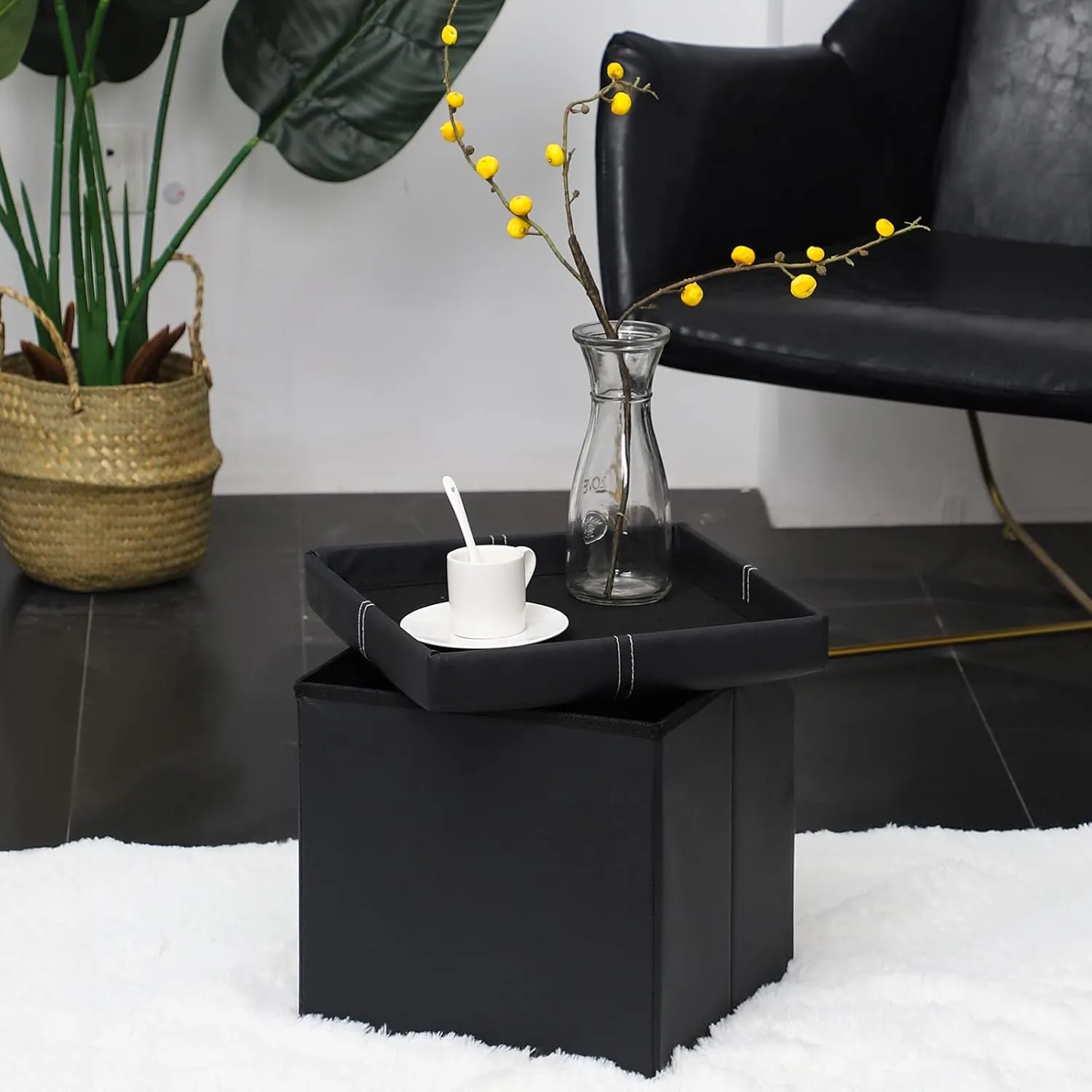 NIENIE Leather Folding Storage Ottoman Coffee Table Small Foot Stool for Living Room, Bedroom, 11.8"X11.8"X11.8", Black Pack of 2