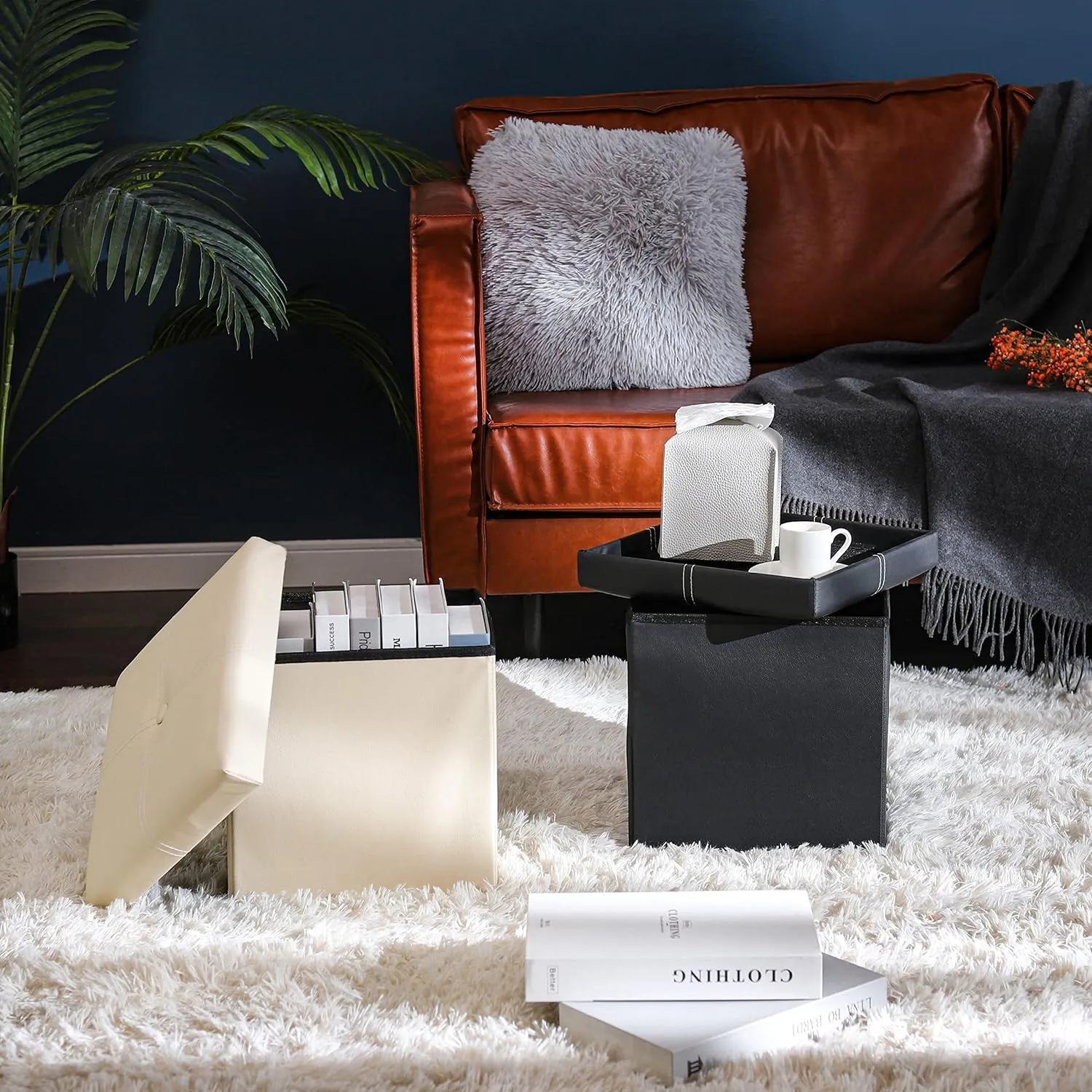 NIENIE Leather Folding Storage Ottoman Coffee Table Small Foot Stool for Living Room, Bedroom, 11.8"X11.8"X11.8", Black Pack of 2