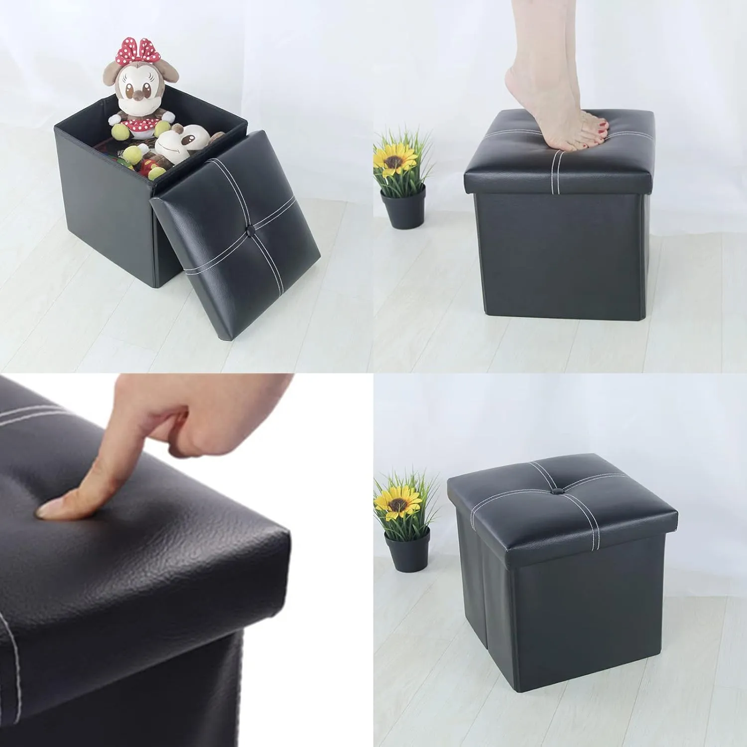 NIENIE Leather Folding Storage Ottoman Coffee Table Small Foot Stool for Living Room, Bedroom, 11.8"X11.8"X11.8", Black Pack of 2