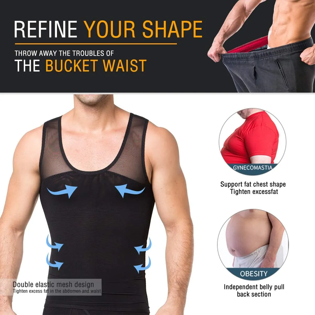 NonEcho Men Shapewear Compression Shirts Undershirts Slimming Body Shaper Waist Trainer Tank Top Vest with Zipper