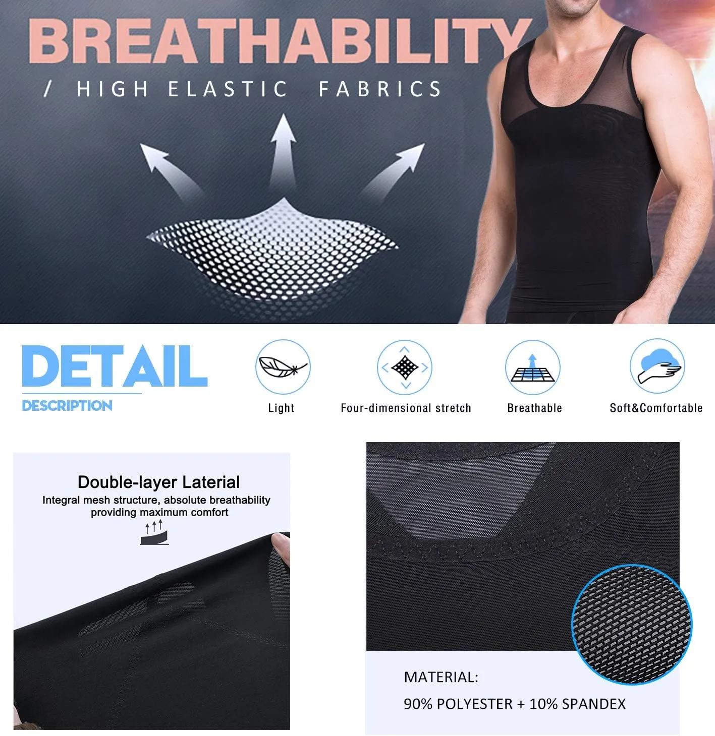 NonEcho Men Shapewear Compression Shirts Undershirts Slimming Body Shaper Waist Trainer Tank Top Vest with Zipper