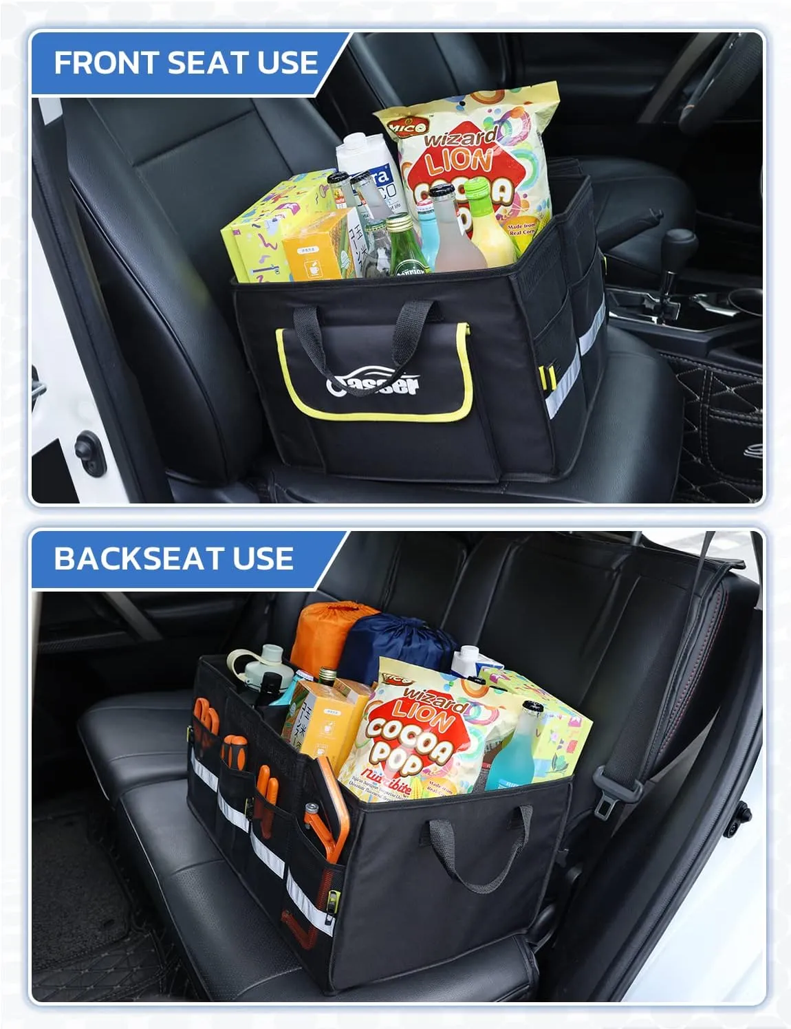 Oasser Car Trunk Organizer, Collapsible Waterproof Multi Compartments Car Storage Organizer with Foldable Cover Reflective Strip (Standard, Black)