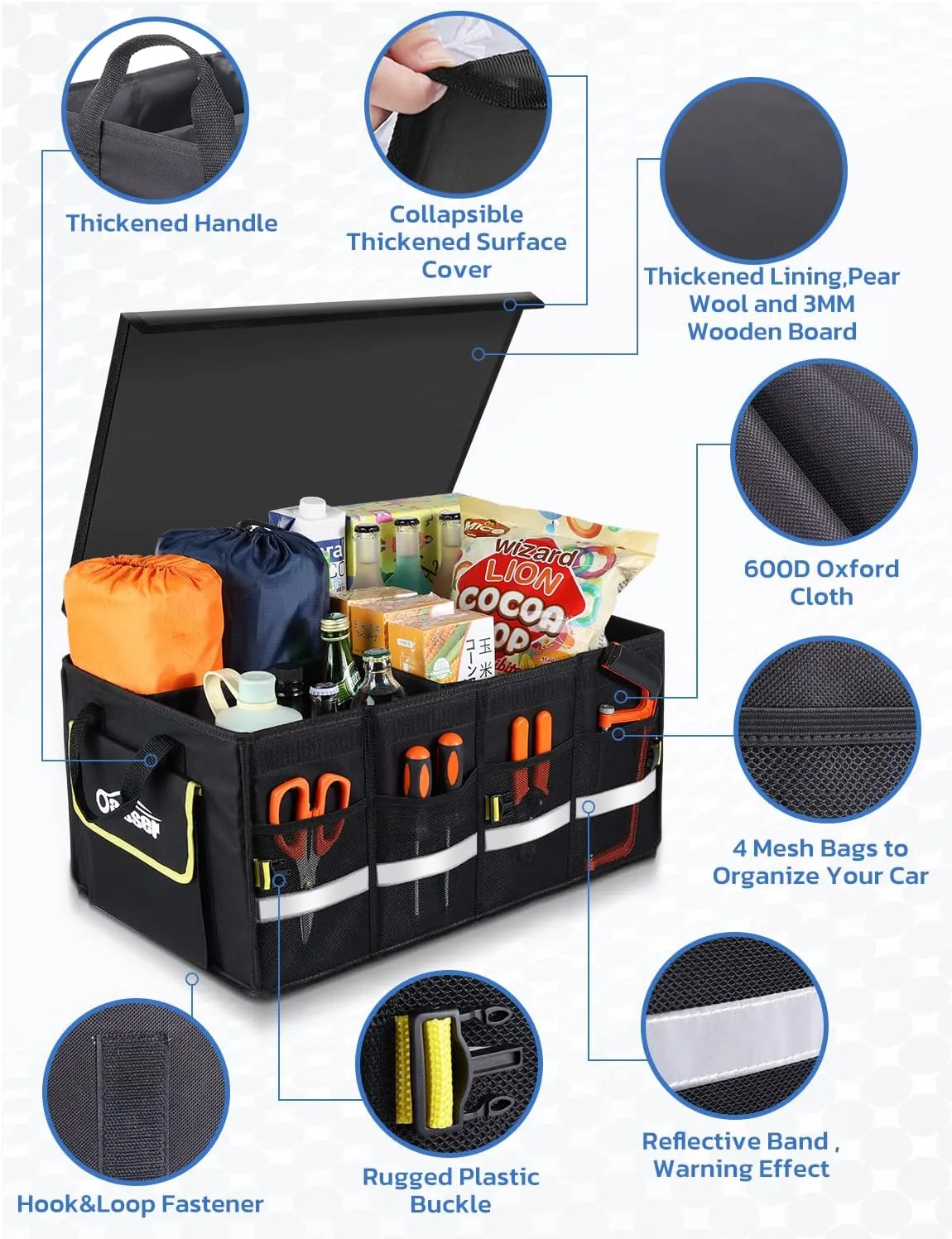 Oasser Car Trunk Organizer, Collapsible Waterproof Multi Compartments Car Storage Organizer with Foldable Cover Reflective Strip (Standard, Black)