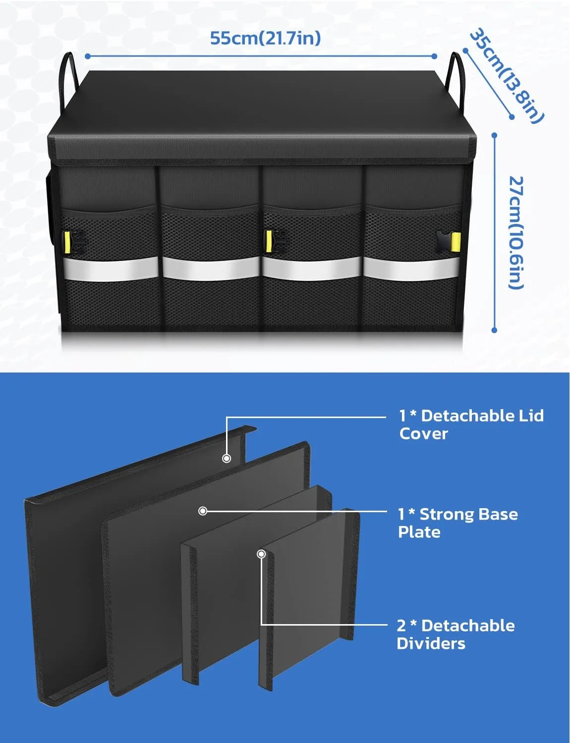 Oasser Car Trunk Organizer, Collapsible Waterproof Multi Compartments Car Storage Organizer with Foldable Cover Reflective Strip (Standard, Black)