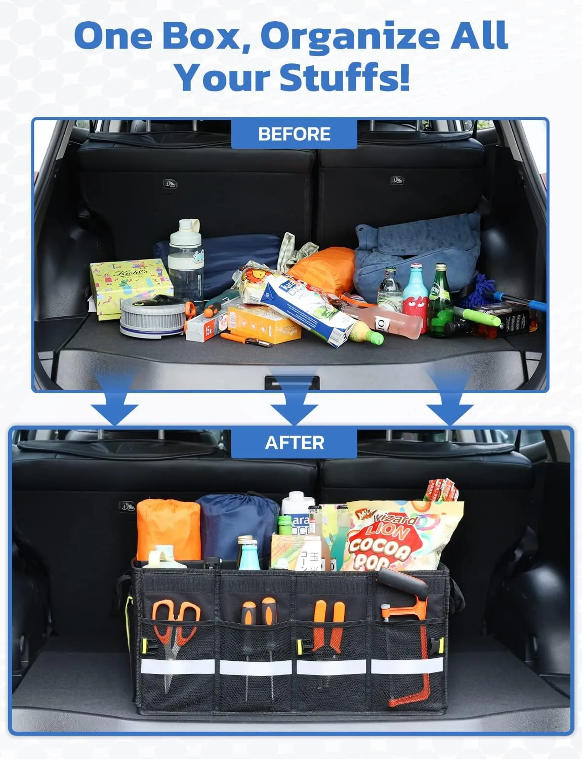 Oasser Car Trunk Organizer, Collapsible Waterproof Multi Compartments Car Storage Organizer with Foldable Cover Reflective Strip (Standard, Black)