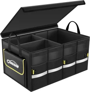 Oasser Car Trunk Organizer, Collapsible Waterproof Multi Compartments Car Storage Organizer with Foldable Cover Reflective Strip (Standard, Black)