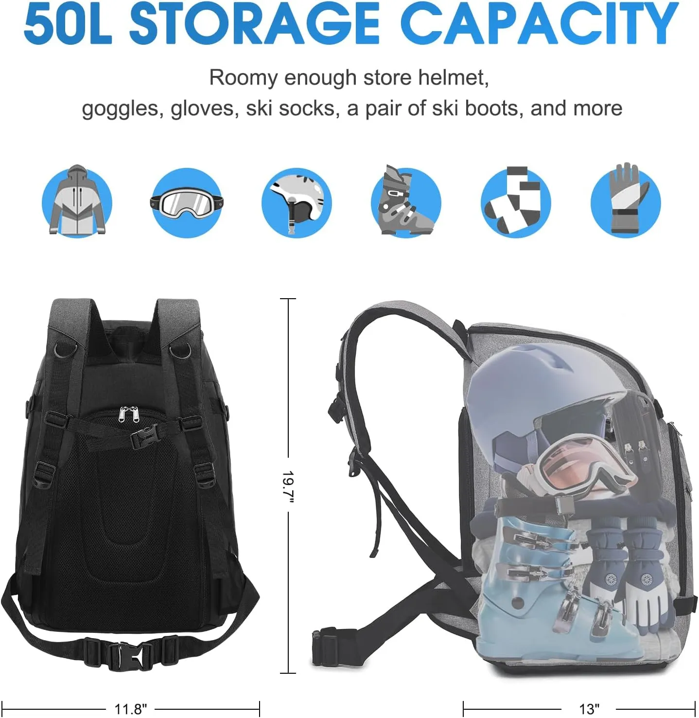 Octsky Ski Boot Bag - 50L Ski Travel Backpack for Snowboard Boot, Helmet, Goggles, Gloves & Accessories, Grey
