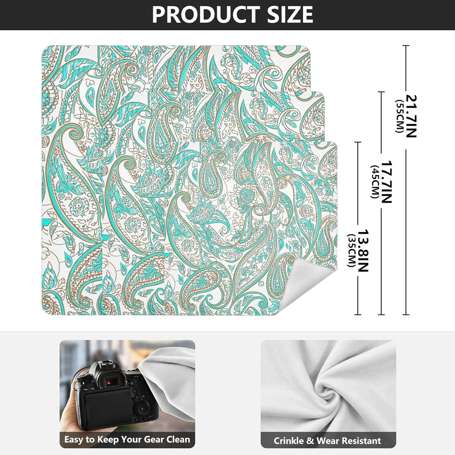 ODAWA Paisley Aqua Beige 21.7"x21.7" Self Adhesive Cloth Multi-purpose Wrap Cloth, Easy-Storage Magic Cloths for Camera