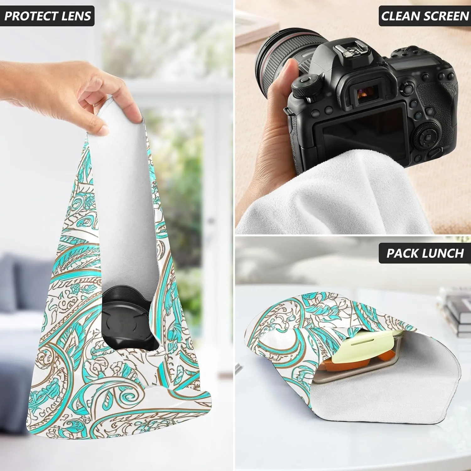 ODAWA Paisley Aqua Beige 21.7"x21.7" Self Adhesive Cloth Multi-purpose Wrap Cloth, Easy-Storage Magic Cloths for Camera