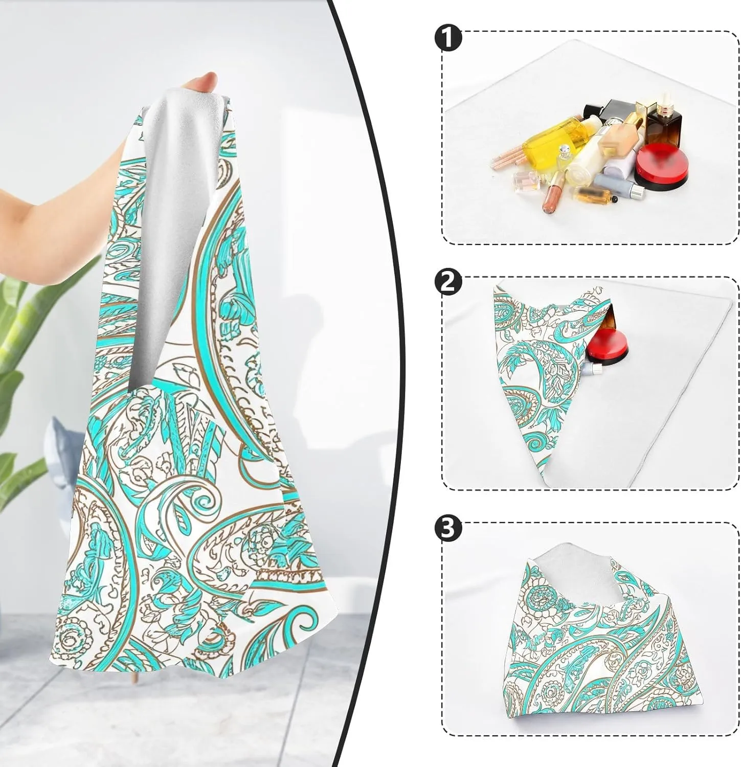 ODAWA Paisley Aqua Beige 21.7"x21.7" Self Adhesive Cloth Multi-purpose Wrap Cloth, Easy-Storage Magic Cloths for Camera