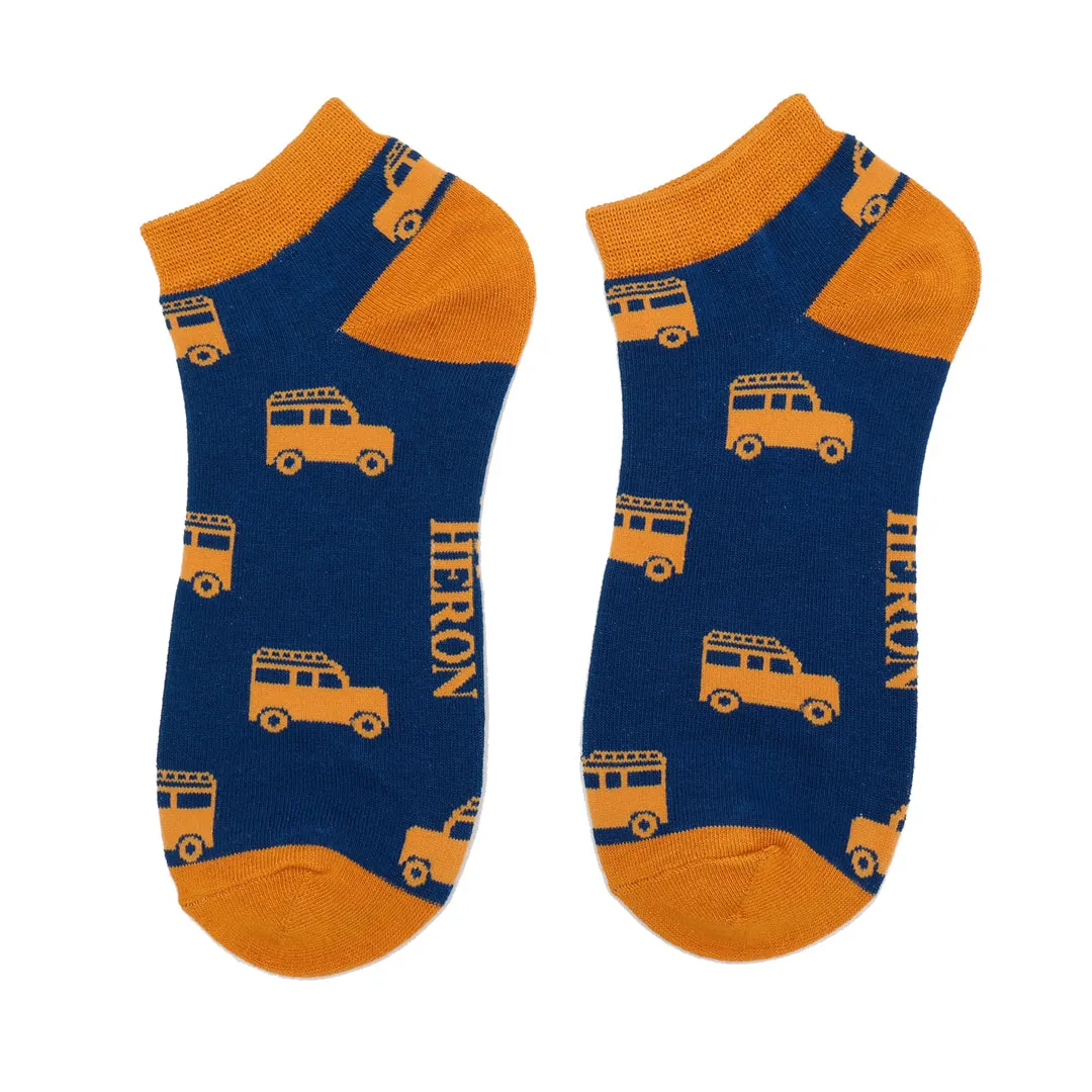 Off Roading Bamboo Trainer Socks in Navy by Mr Heron, Size UK 7-11