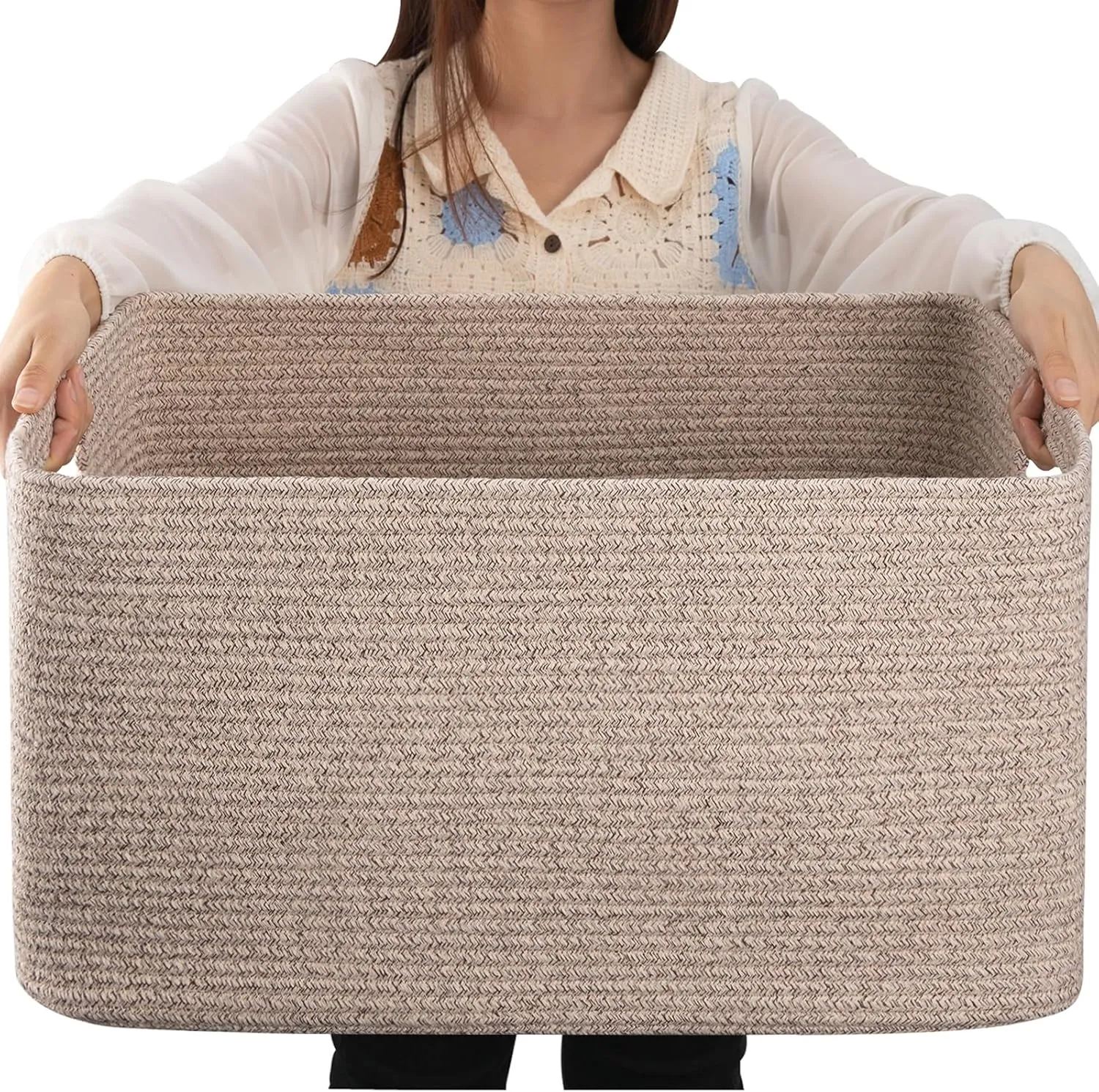 OIAHOMY 75L Large Blanket Basket, Woven Blanket Storage Basket with Handle, Cotton Rope Basket for Organizing 22”x17”x12”, Blanket Basket living Room, Toy Basket for Nursery, Brown variegated