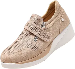oiangi Rhinestone Sneakers for Women,Fashion Suede Side Zipper Comfortable Breathable Wedge Sport Shoes Outdoor Lightweight Casual Walking Shoes