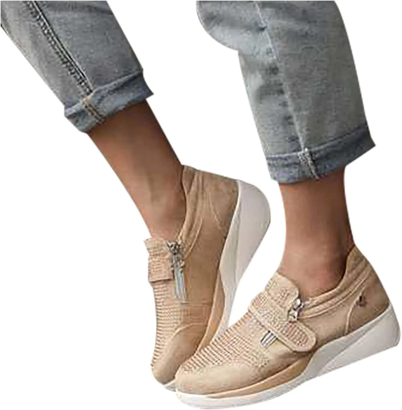 oiangi Rhinestone Sneakers for Women,Fashion Suede Side Zipper Comfortable Breathable Wedge Sport Shoes Outdoor Lightweight Casual Walking Shoes