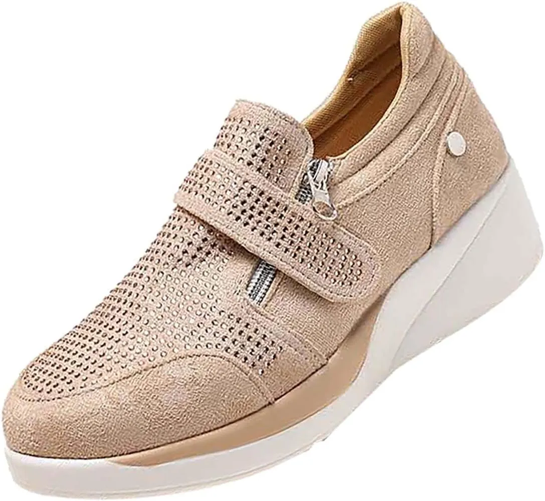 oiangi Rhinestone Sneakers for Women,Fashion Suede Side Zipper Comfortable Breathable Wedge Sport Shoes Outdoor Lightweight Casual Walking Shoes