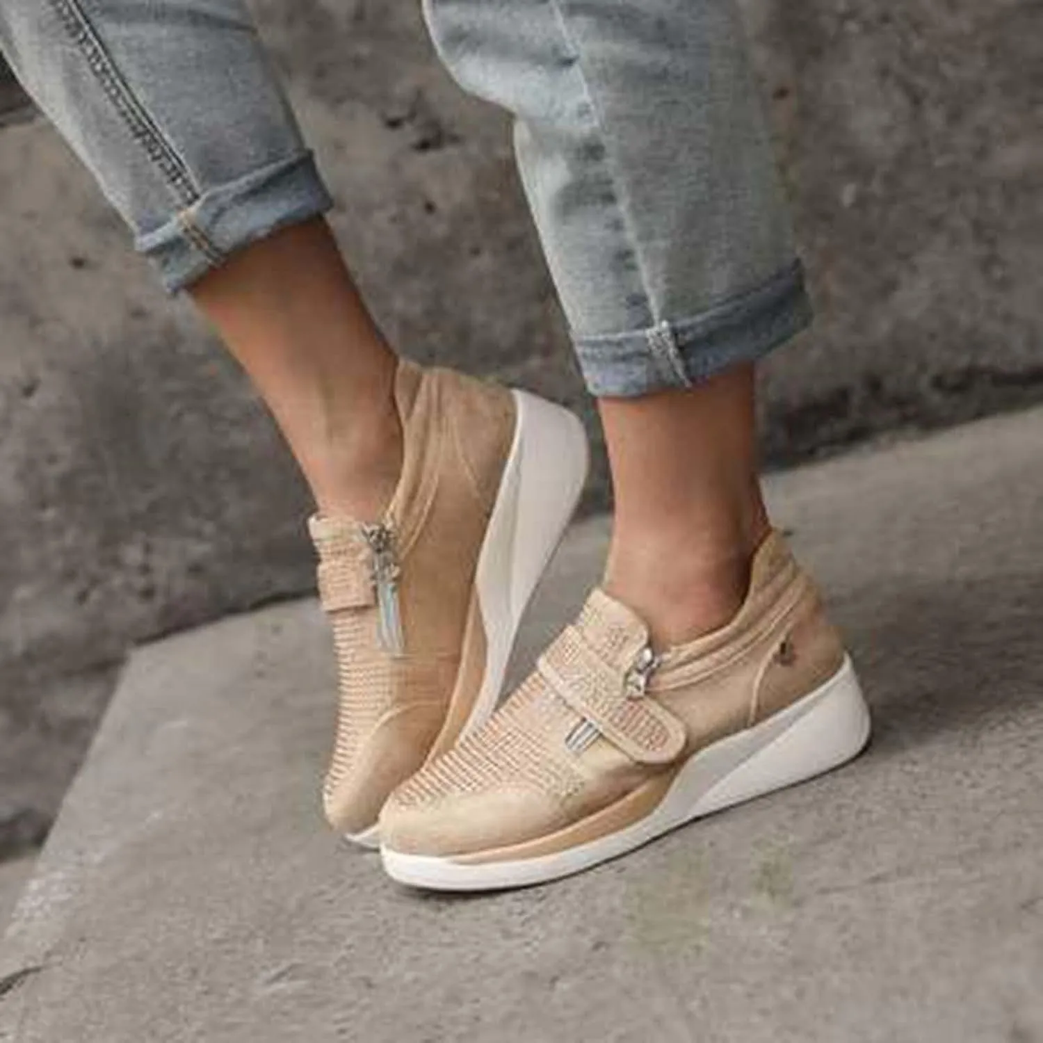 oiangi Rhinestone Sneakers for Women,Fashion Suede Side Zipper Comfortable Breathable Wedge Sport Shoes Outdoor Lightweight Casual Walking Shoes