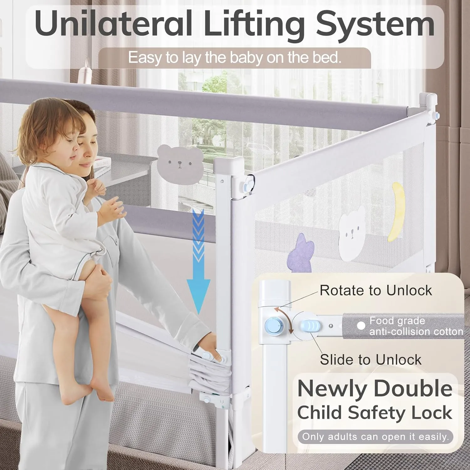 omzer Bed Rail for Toddlers - Toddler Bed Rails with Double Child Lock - Bed Rail for Baby Kids with Pattern - Height Adjustment Guard Rails for Twin Size Bed - 1 Pack, 39”