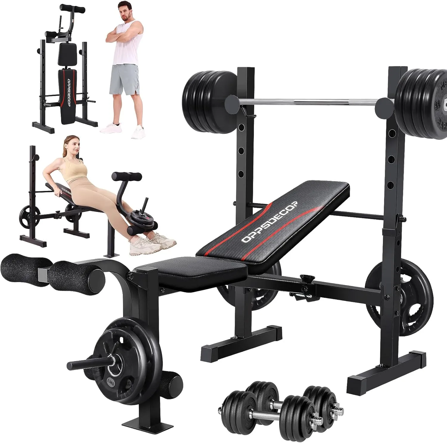 OPPSDECOR 8 in 1 Weight Bench Set, 600LBS Adjustable Bench Press with Squat Rack Leg Extension & Leg Curl Foldable Workout Bench with Safety Bar Catches Standard Weight Training Benches for Home Gym