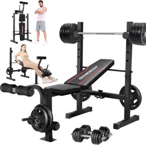 OPPSDECOR 8 in 1 Weight Bench Set, 600LBS Adjustable Bench Press with Squat Rack Leg Extension & Leg Curl Foldable Workout Bench with Safety Bar Catches Standard Weight Training Benches for Home Gym
