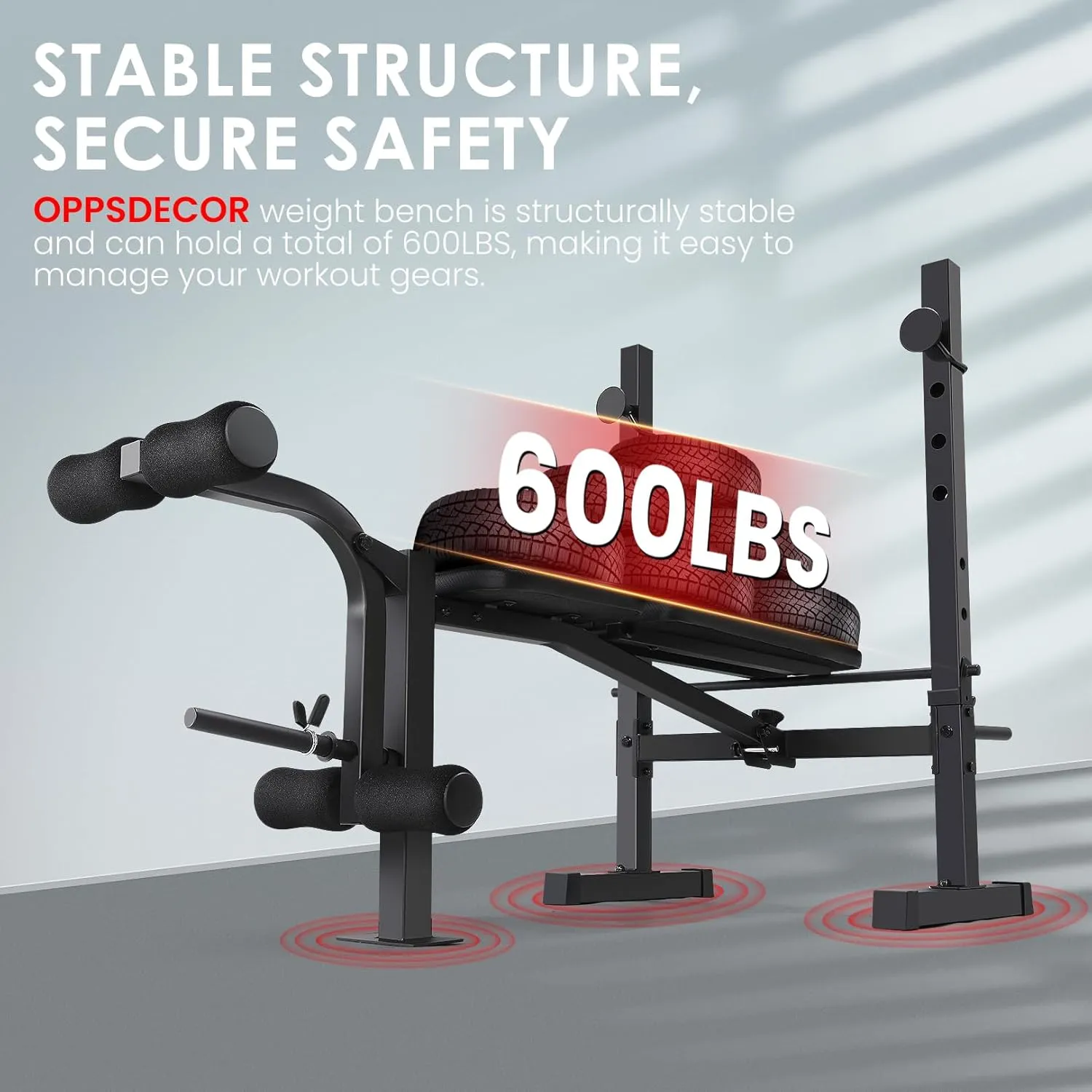 OPPSDECOR 8 in 1 Weight Bench Set, 600LBS Adjustable Bench Press with Squat Rack Leg Extension & Leg Curl Foldable Workout Bench with Safety Bar Catches Standard Weight Training Benches for Home Gym