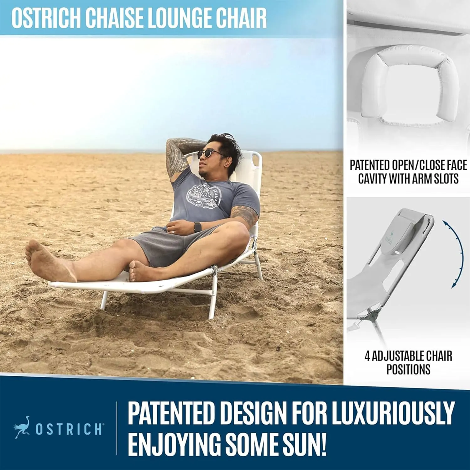 Ostrich 72 by 22 Inch Versatile Chaise Lounge Portable Reclining Lounger, Outdoor Patio, Beach, Lawn, Camping, or Pool Tanning Chair, White