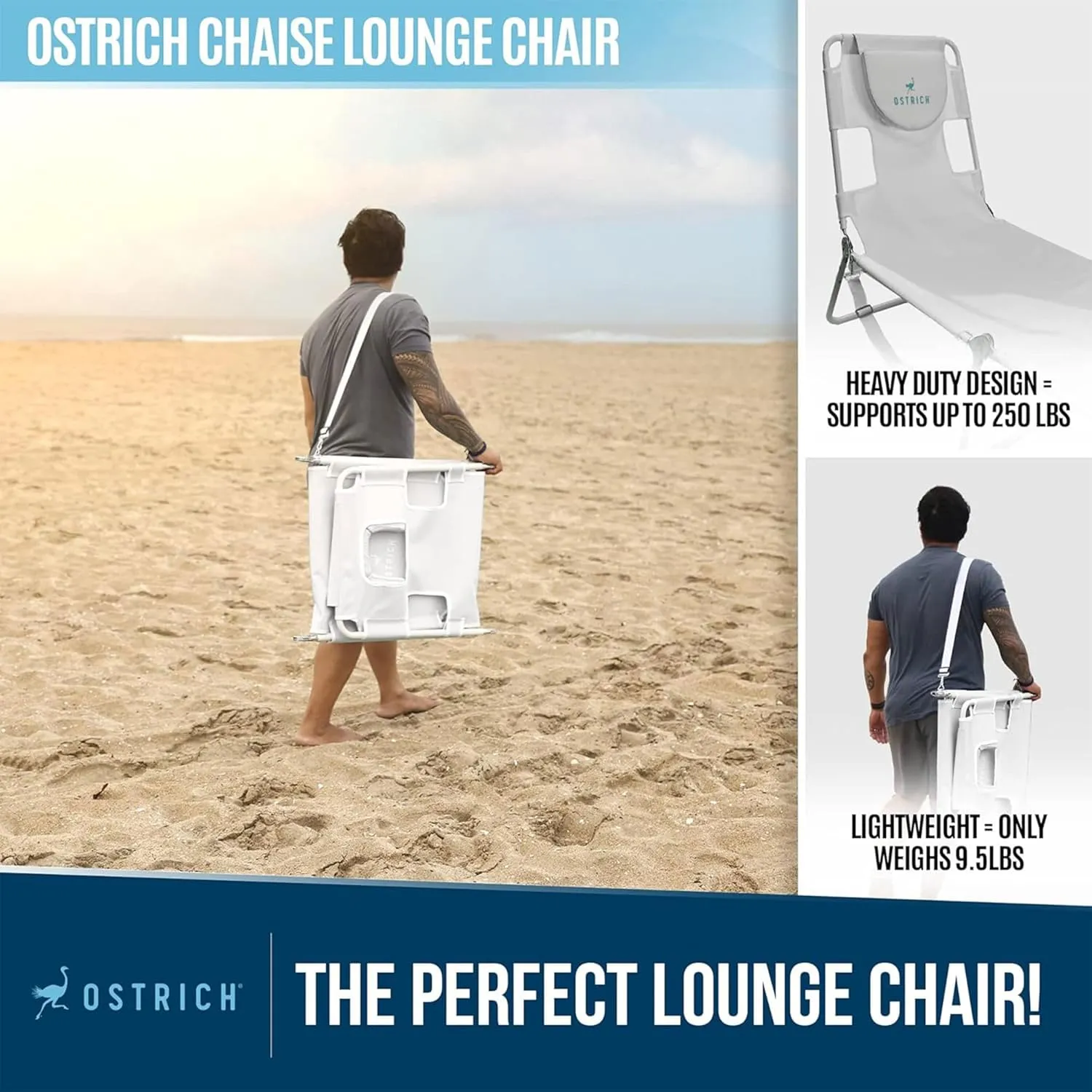 Ostrich 72 by 22 Inch Versatile Chaise Lounge Portable Reclining Lounger, Outdoor Patio, Beach, Lawn, Camping, or Pool Tanning Chair, White