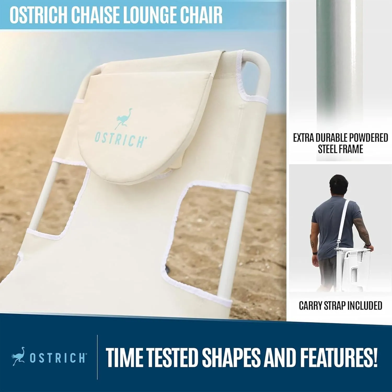 Ostrich 72 by 22 Inch Versatile Chaise Lounge Portable Reclining Lounger, Outdoor Patio, Beach, Lawn, Camping, or Pool Tanning Chair, White
