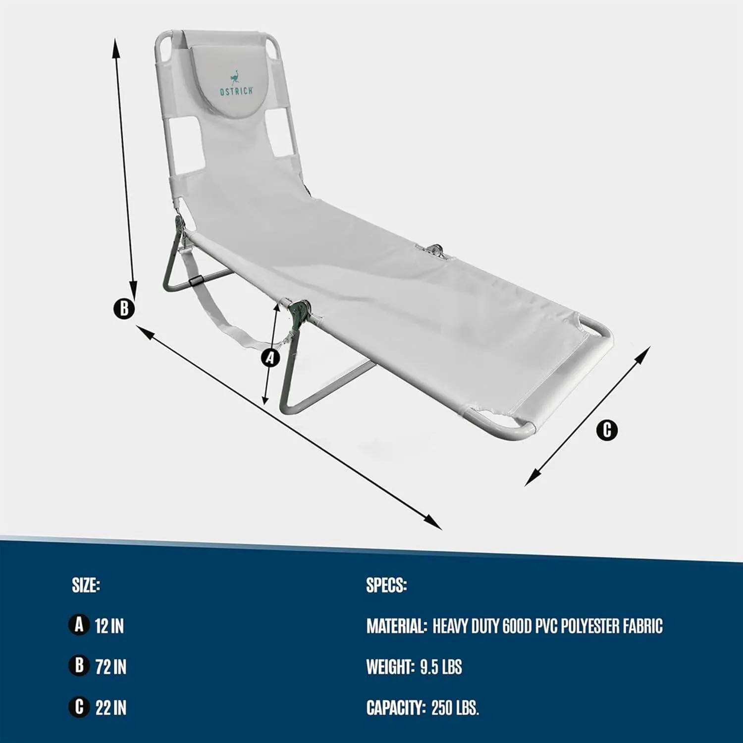 Ostrich 72 by 22 Inch Versatile Chaise Lounge Portable Reclining Lounger, Outdoor Patio, Beach, Lawn, Camping, or Pool Tanning Chair, White