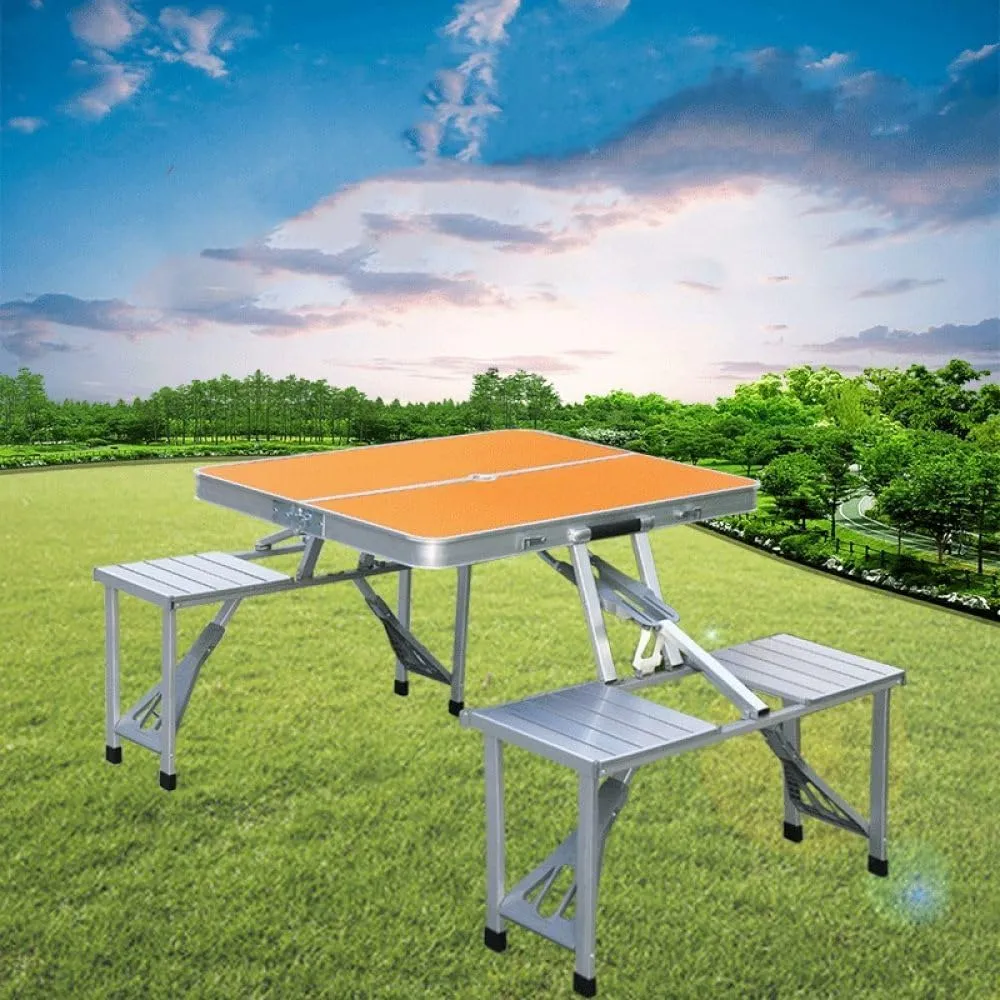 Outdoor Camping Folding Table and air One Table Four airs Aluminum Alloy Connected Simple Portable Folding Picnic Table,Orange
