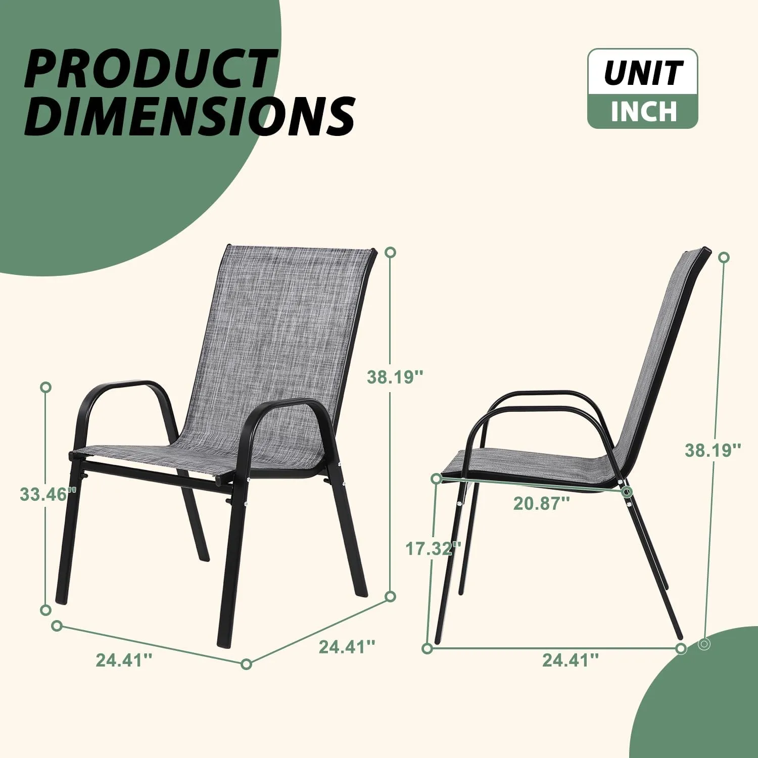 Outdoor Patio Chairs Set of 2, Outdoor Camping Chairs with Breathable Textilene Fabric,Folding Patio Chairs with Metal Frame, Armrests, Portable Dining Chairs for Camping, Garden and Porch (Grey)