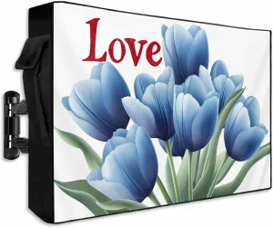Outdoor TV Cover 40-43 Inch,Love Words Blue Tulip Weatherproof Waterproof Television Enclosure with Zipper&Pocket,Outside TV Flat Screen Protector,Romantic Watercolor Floral