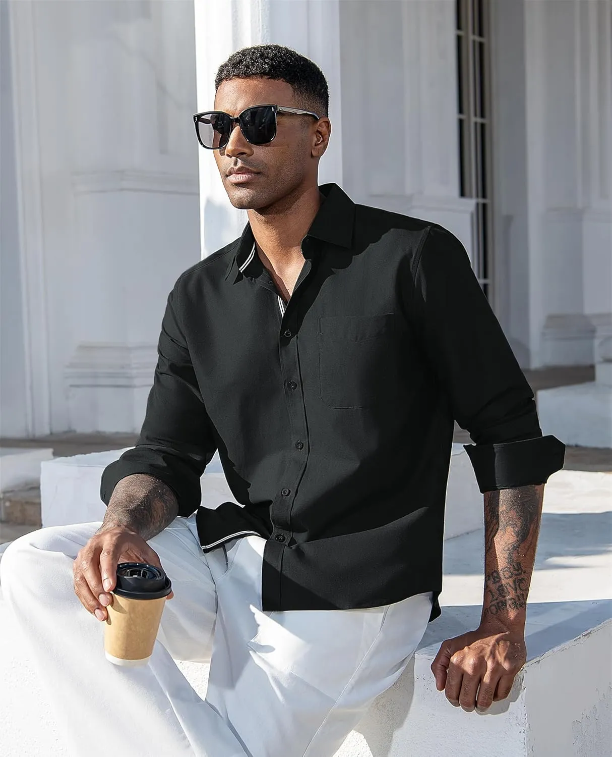 Oxford Dress Shirts for Men Long Sleeve Oxford Casual Dress Button Down Shirts Contrast Button Shirts with Pocket