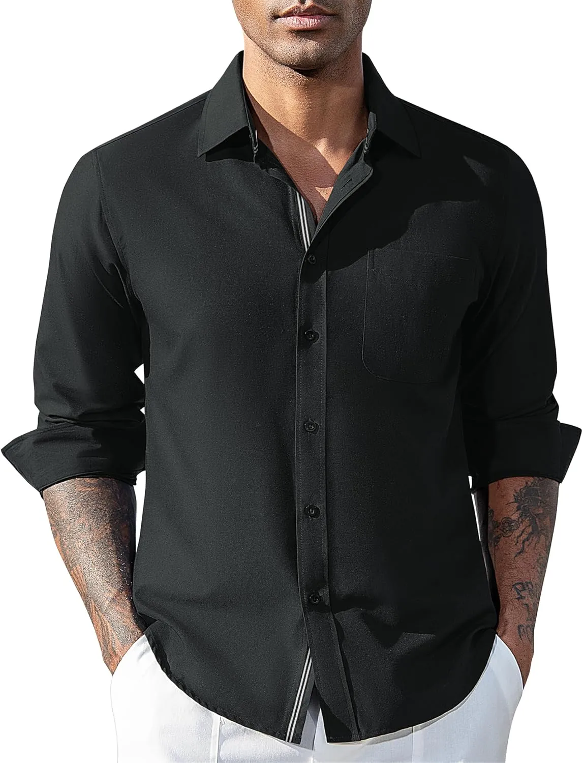 Oxford Dress Shirts for Men Long Sleeve Oxford Casual Dress Button Down Shirts Contrast Button Shirts with Pocket