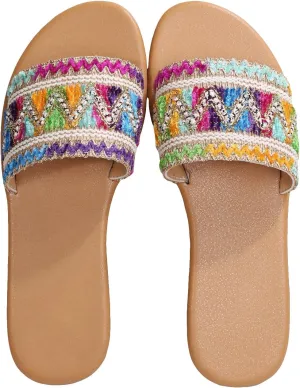 OYOANGLE Women's Boho Style Embroidered Flat Sandals Slide Sandals Fashion Flat Sandals Beach Slippers