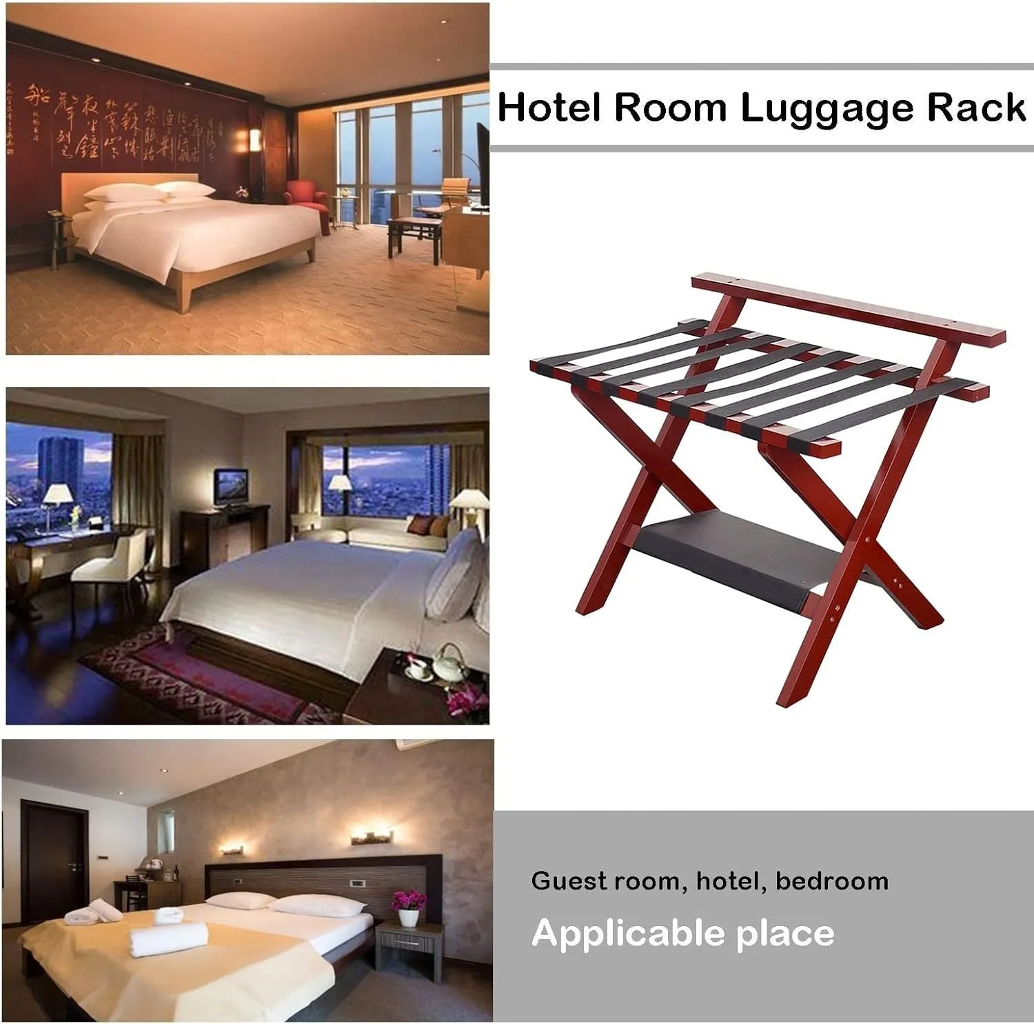Pack of 4 Foldable Luggage Stands - Wooden Suitcase Racks with Storage Shelf for Hotels, Guest Rooms, Travel, and Home Use(Wine Red)