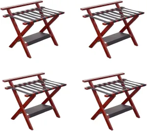 Pack of 4 Foldable Luggage Stands - Wooden Suitcase Racks with Storage Shelf for Hotels, Guest Rooms, Travel, and Home Use(Wine Red)